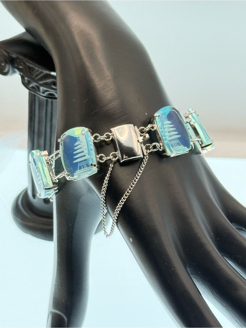 Vintage Japanese Reverse Carved Pagoda Blue Opaline Glass Silvertone Bracelet